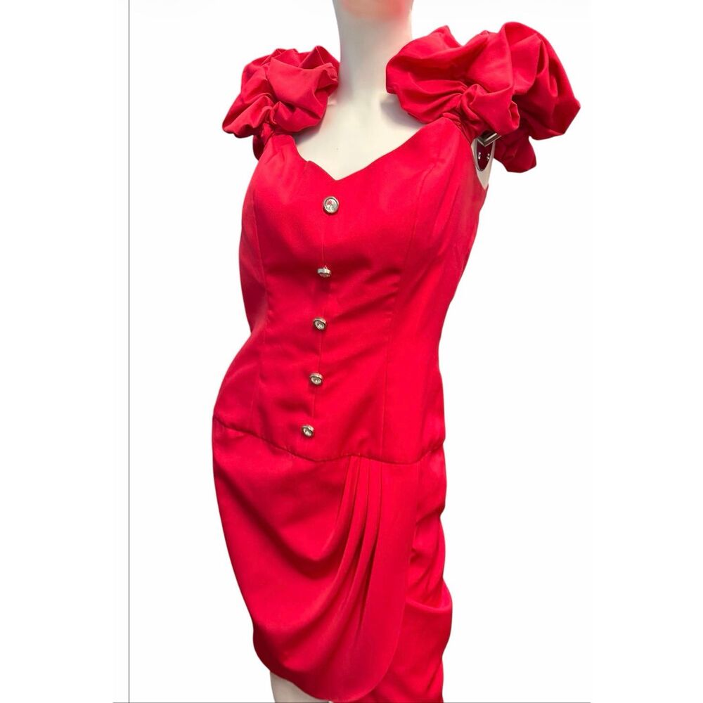 Darcy Vintage 80’s Red Dress Women’s Size Medium Prom Special Occasion Puffed Ru - Picture 3 of 11